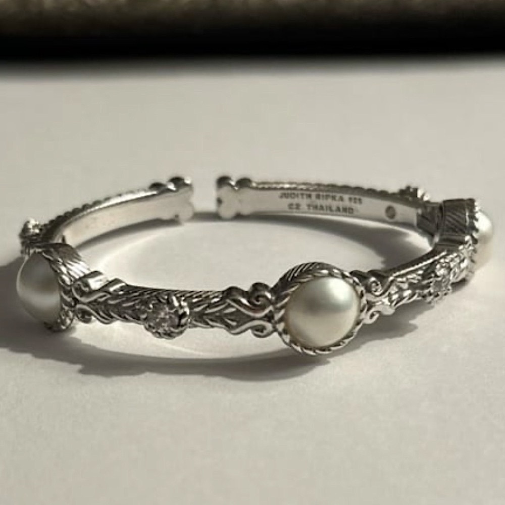 Exquisite Judith Ripka Sterling Silver, White Pearl, Diamonique Cuff - Picture 3 of 4